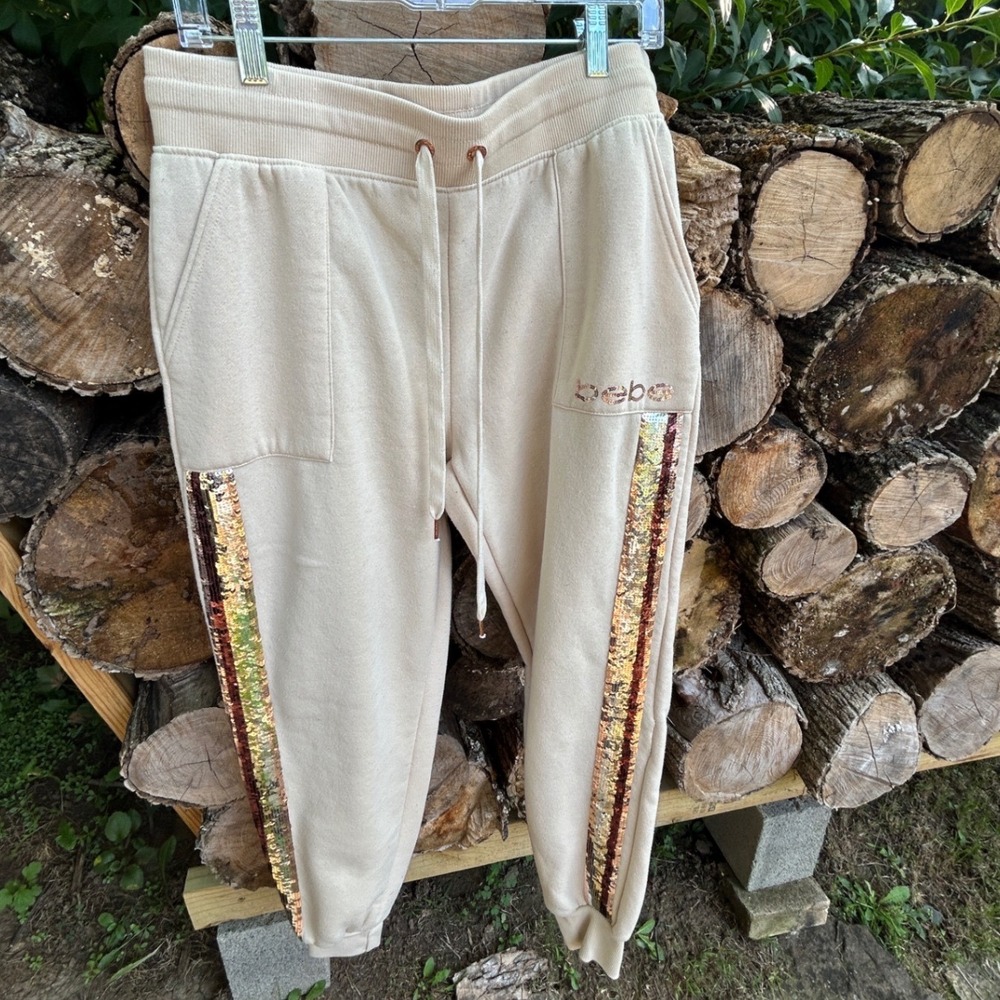 Bebe Womens Beige Sequin Stripe Joggers Cream Drawstring Sweatpants Logo Pocket
